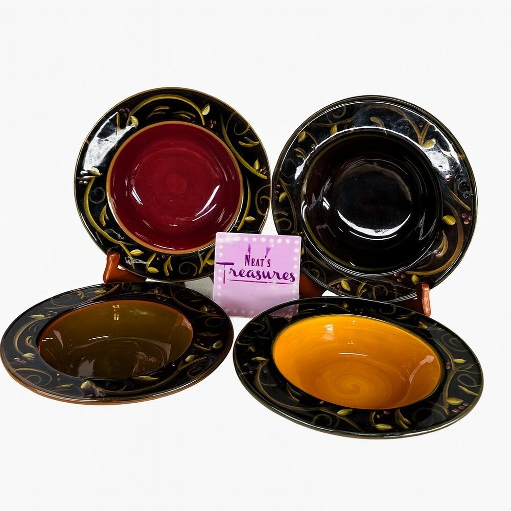 2003 Deb Hrabik For Demdaco CHOCOLATE BERRIES Ceramic Large Rim Soup Bowls Set 4